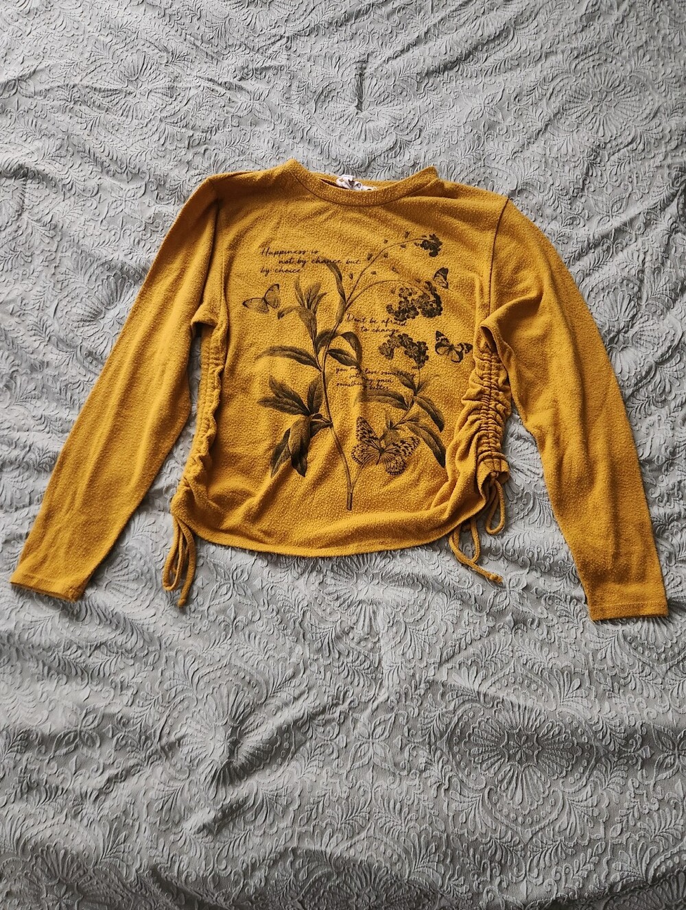 french pastry Mustard Yellow Botanical Ruched-Side Long Sleeve Crop Top